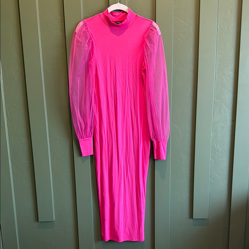 Pink Sheath Dress with Bishop Sleeves and Mock Neck